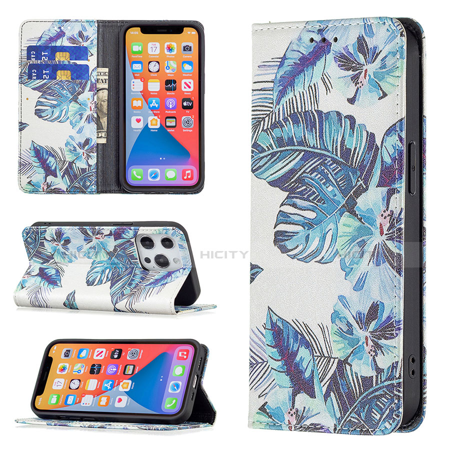 Funda de Cuero Cartera con Soporte Flores Carcasa para Apple iPhone 13 Pro Max Azul