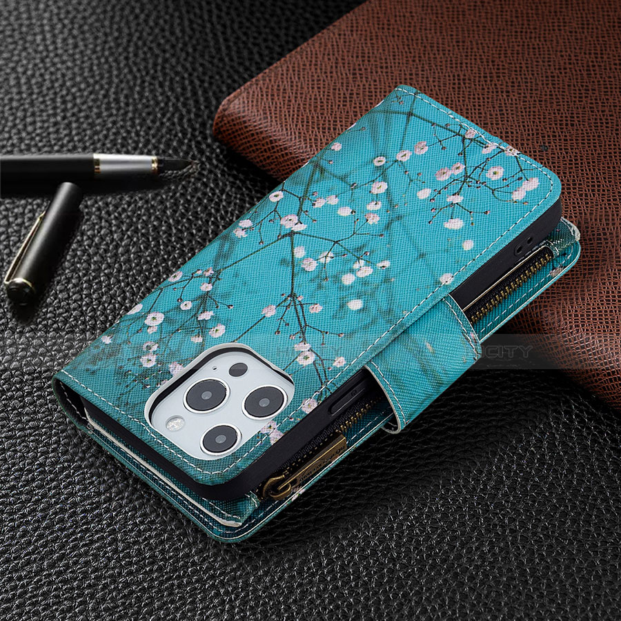 Funda de Cuero Cartera con Soporte Flores Carcasa para Apple iPhone 13 Pro Max Cian