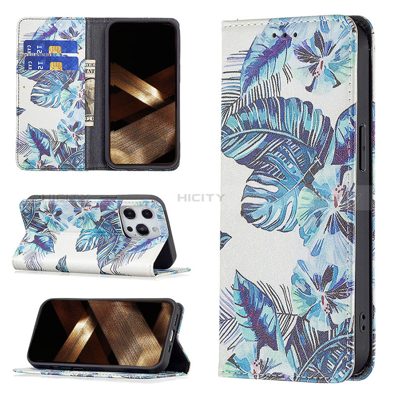 Funda de Cuero Cartera con Soporte Flores Carcasa para Apple iPhone 14 Pro Azul