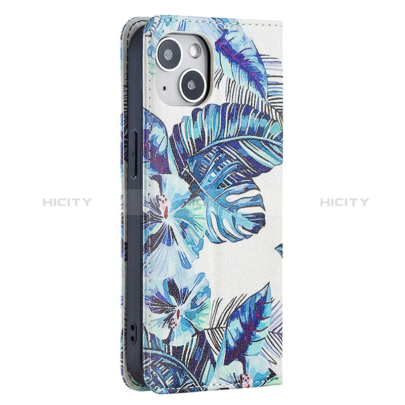 Funda de Cuero Cartera con Soporte Flores Carcasa para Apple iPhone 15 Azul