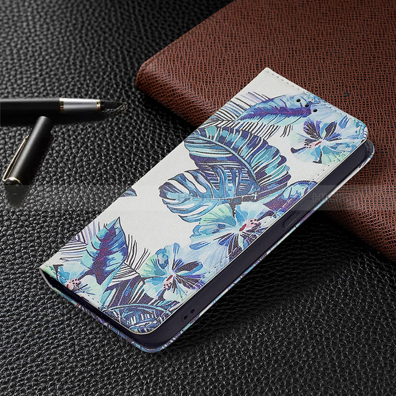 Funda de Cuero Cartera con Soporte Flores Carcasa para Apple iPhone 15 Azul