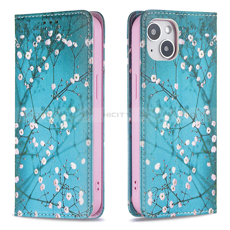 Funda de Cuero Cartera con Soporte Flores Carcasa para Apple iPhone 15 Cian