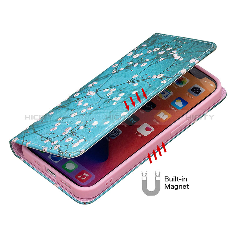 Funda de Cuero Cartera con Soporte Flores Carcasa para Apple iPhone 15 Cian