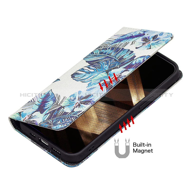 Funda de Cuero Cartera con Soporte Flores Carcasa para Apple iPhone 15 Plus Azul