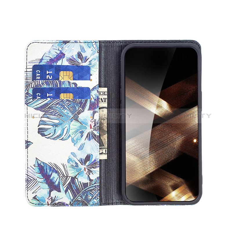 Funda de Cuero Cartera con Soporte Flores Carcasa para Apple iPhone 15 Plus Azul