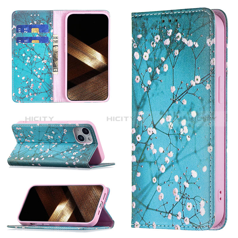 Funda de Cuero Cartera con Soporte Flores Carcasa para Apple iPhone 15 Plus Cian