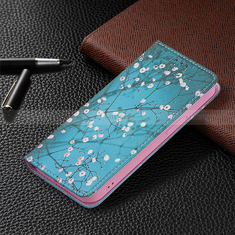 Funda de Cuero Cartera con Soporte Flores Carcasa para Apple iPhone 15 Plus Cian