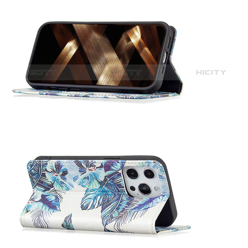 Funda de Cuero Cartera con Soporte Flores Carcasa para Apple iPhone 15 Pro Max Azul