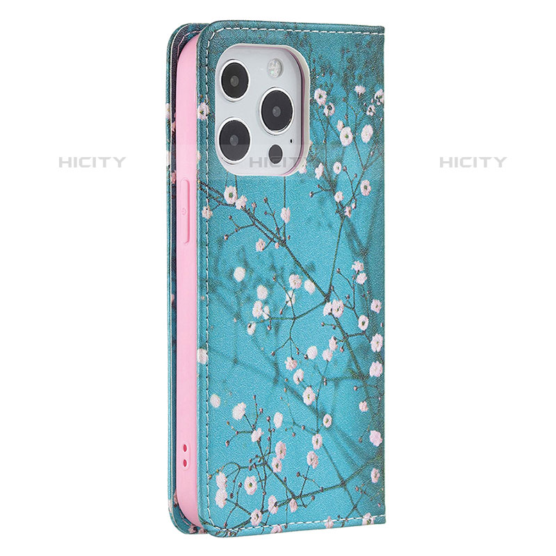 Funda de Cuero Cartera con Soporte Flores Carcasa para Apple iPhone 15 Pro Max Azul Cielo