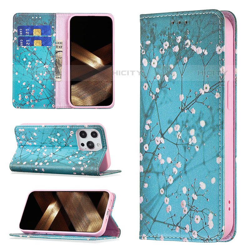 Funda de Cuero Cartera con Soporte Flores Carcasa para Apple iPhone 15 Pro Max Azul Cielo