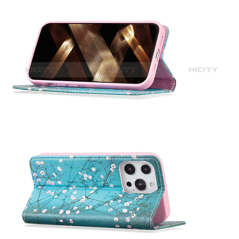 Funda de Cuero Cartera con Soporte Flores Carcasa para Apple iPhone 15 Pro Max Azul Cielo