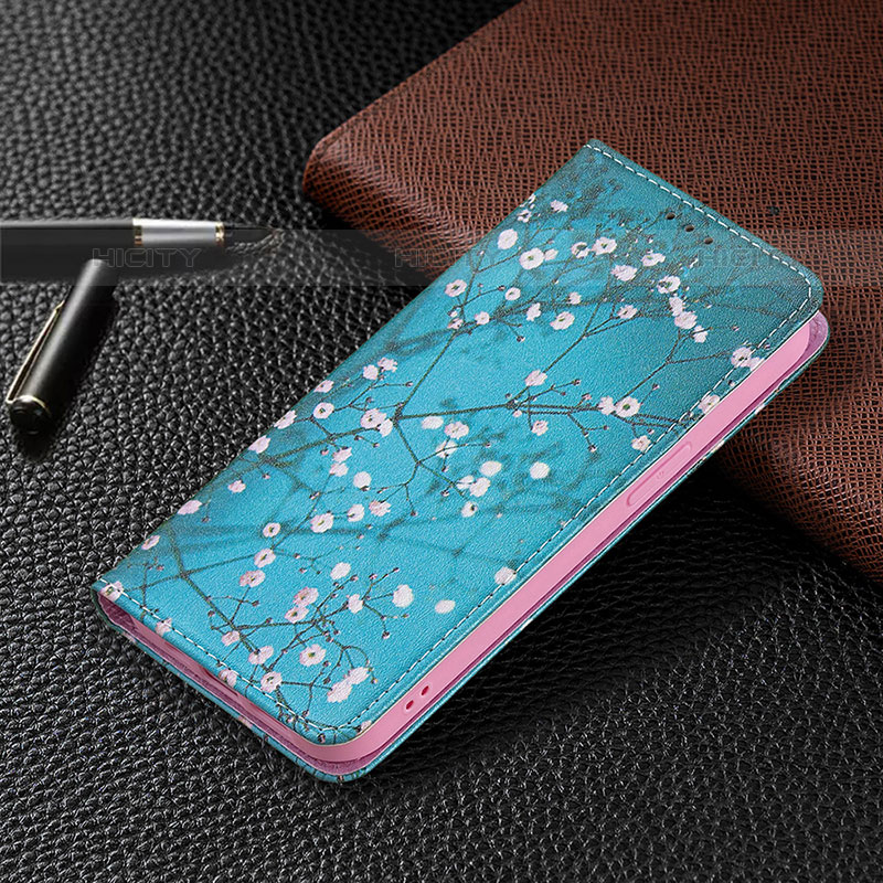 Funda de Cuero Cartera con Soporte Flores Carcasa para Apple iPhone 15 Pro Max Azul Cielo