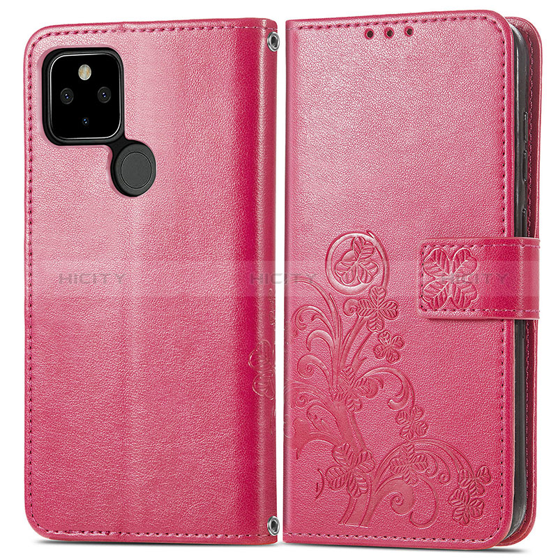 Funda de Cuero Cartera con Soporte Flores Carcasa para Google Pixel 5a 5G Rosa Roja