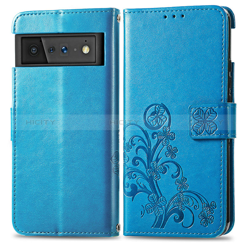 Funda de Cuero Cartera con Soporte Flores Carcasa para Google Pixel 6 Pro 5G Azul