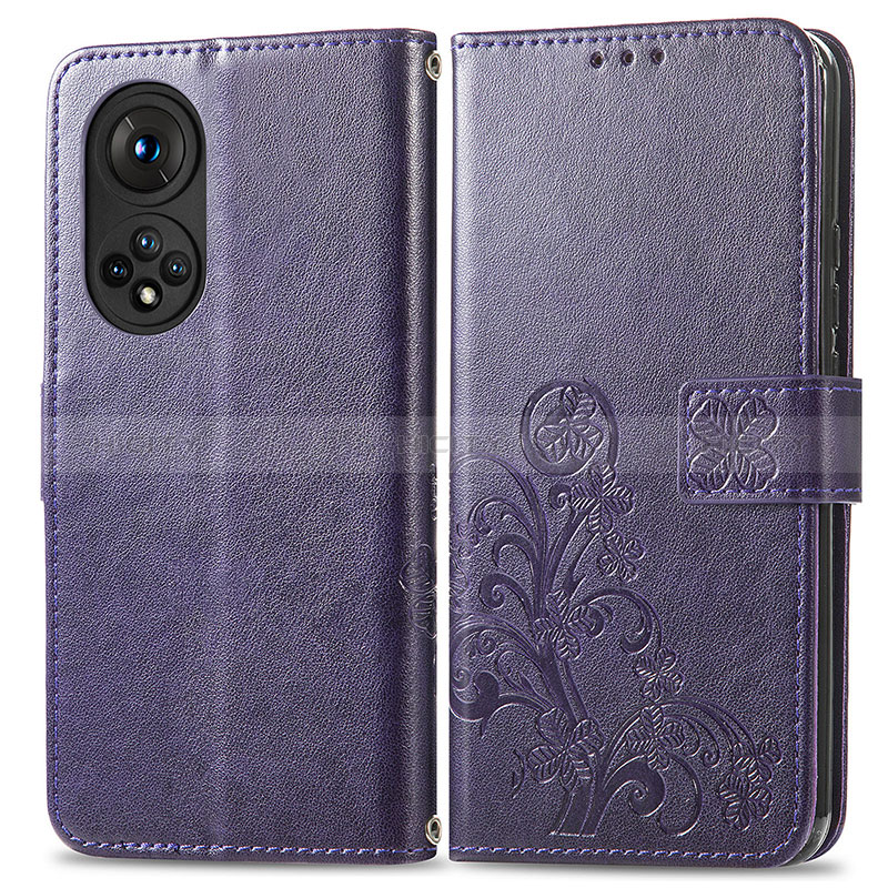 Funda de Cuero Cartera con Soporte Flores Carcasa para Huawei Honor 50 5G Morado