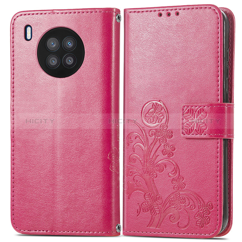 Funda de Cuero Cartera con Soporte Flores Carcasa para Huawei Honor 50 Lite Rosa Roja