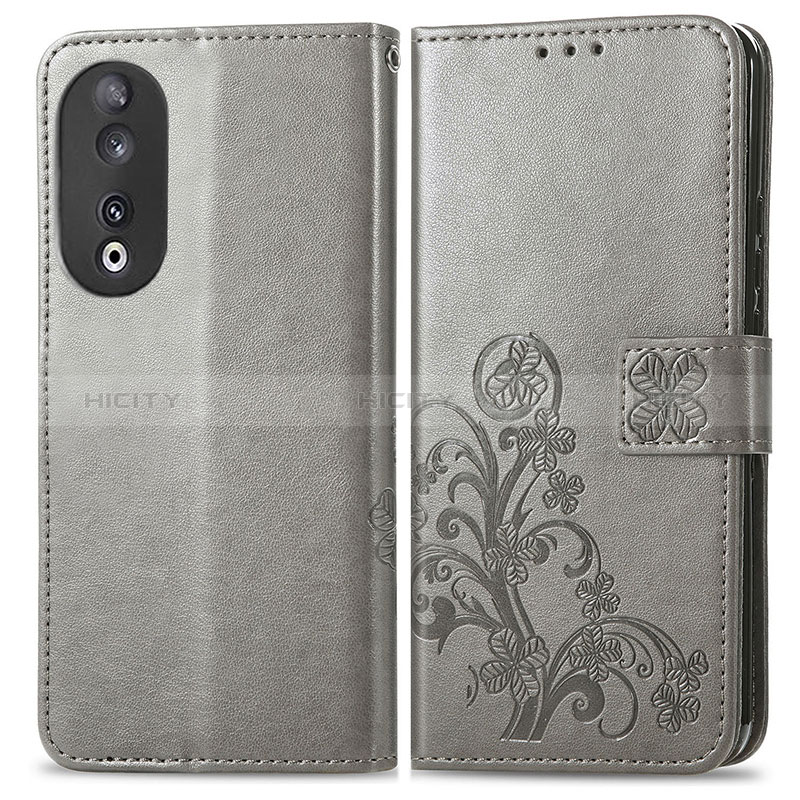 Funda de Cuero Cartera con Soporte Flores Carcasa para Huawei Honor 90 5G Gris