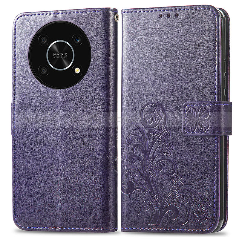 Funda de Cuero Cartera con Soporte Flores Carcasa para Huawei Honor Magic4 Lite 5G Morado