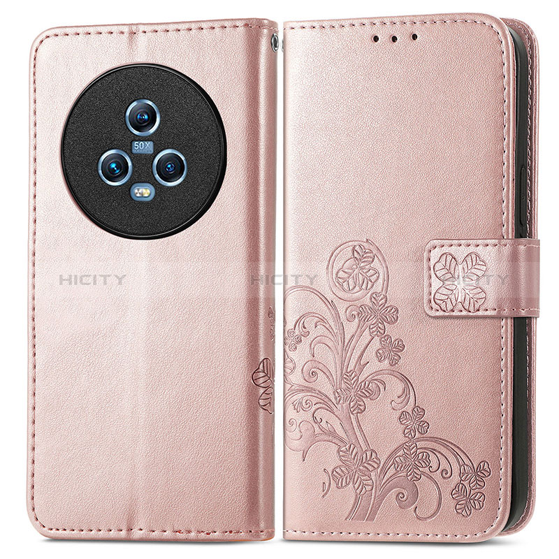 Funda de Cuero Cartera con Soporte Flores Carcasa para Huawei Honor Magic5 5G Oro Rosa