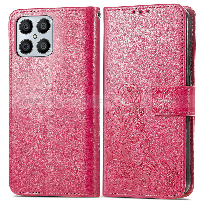 Funda de Cuero Cartera con Soporte Flores Carcasa para Huawei Honor X8 4G Rosa Roja