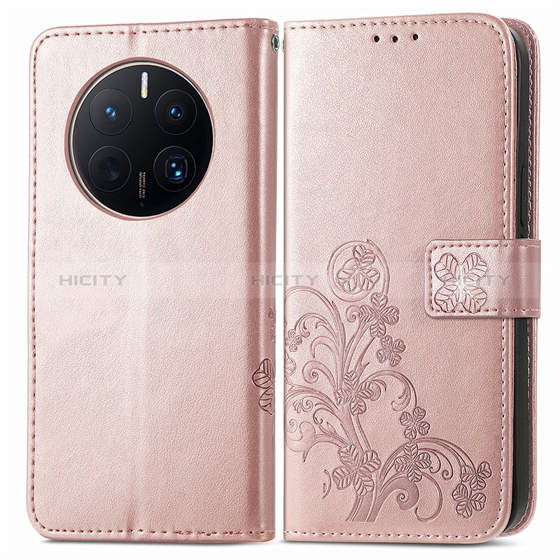 Funda de Cuero Cartera con Soporte Flores Carcasa para Huawei Mate 50 Pro Oro Rosa