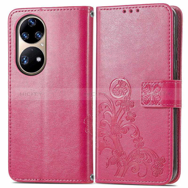 Funda de Cuero Cartera con Soporte Flores Carcasa para Huawei P50e Rojo