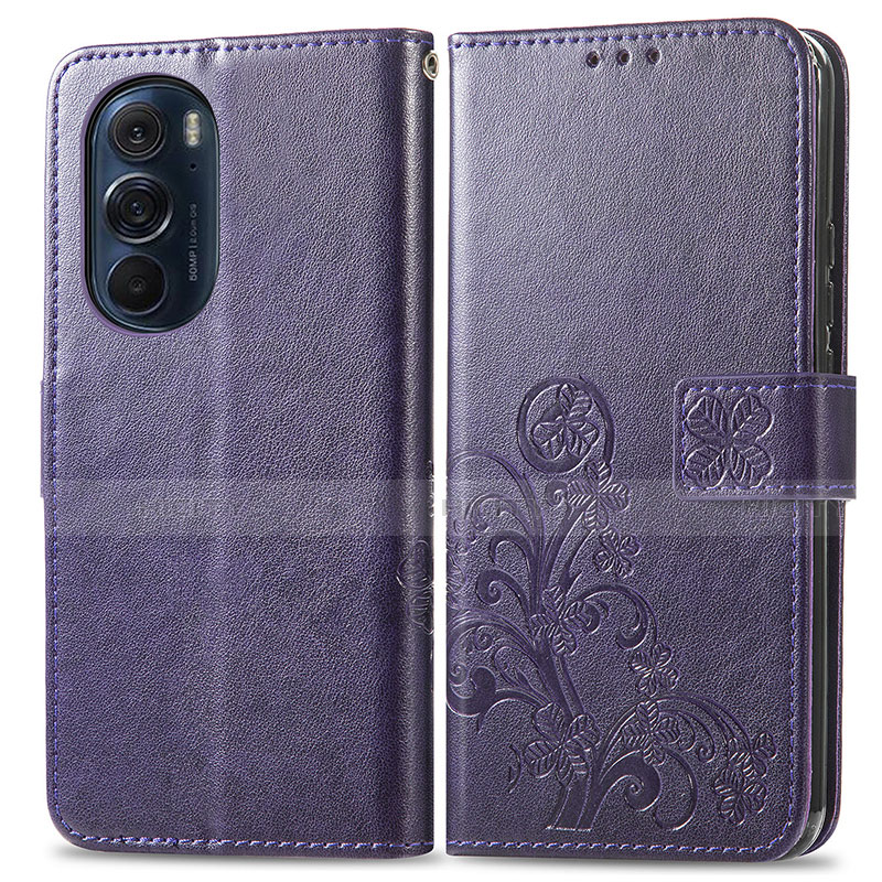 Funda de Cuero Cartera con Soporte Flores Carcasa para Motorola Moto Edge 30 Pro 5G Morado