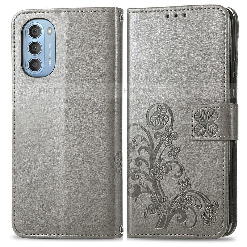 Funda de Cuero Cartera con Soporte Flores Carcasa para Motorola Moto G51 5G Gris