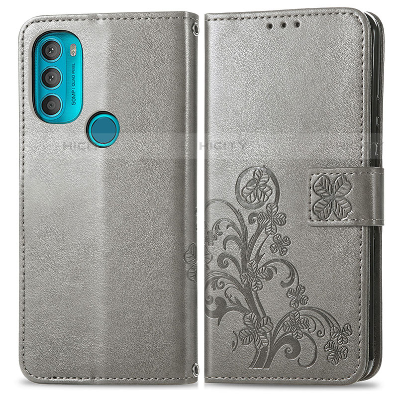 Funda de Cuero Cartera con Soporte Flores Carcasa para Motorola Moto G71 5G Gris