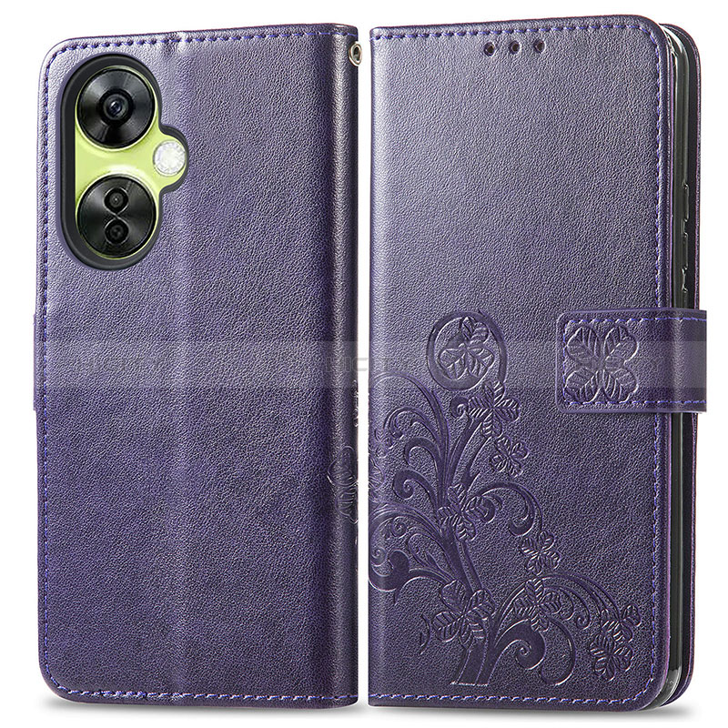 Funda de Cuero Cartera con Soporte Flores Carcasa para OnePlus Nord CE 3 5G Morado