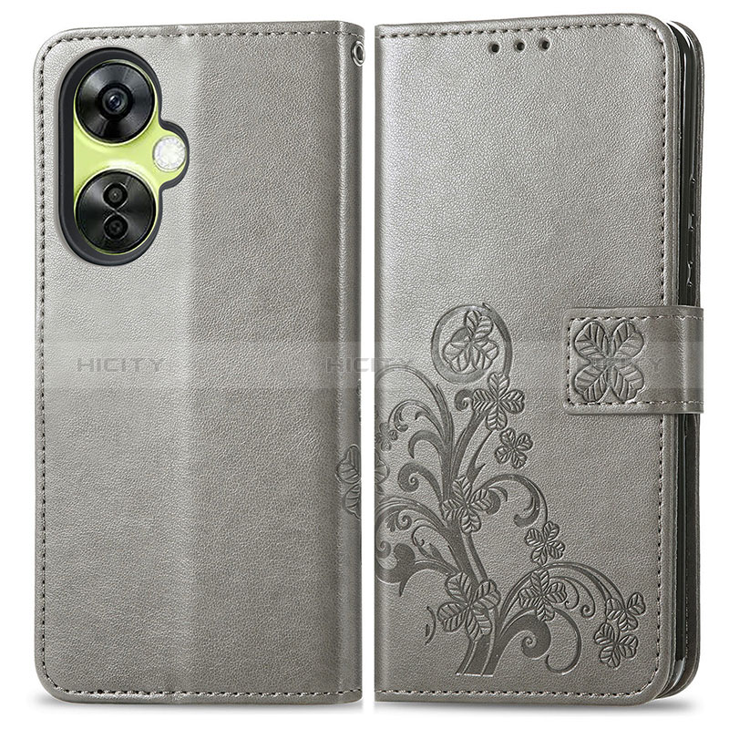 Funda de Cuero Cartera con Soporte Flores Carcasa para OnePlus Nord CE 3 Lite 5G Gris