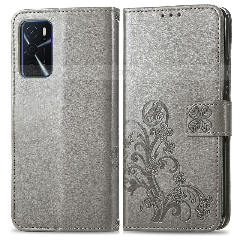 Funda de Cuero Cartera con Soporte Flores Carcasa para Oppo A16s Gris