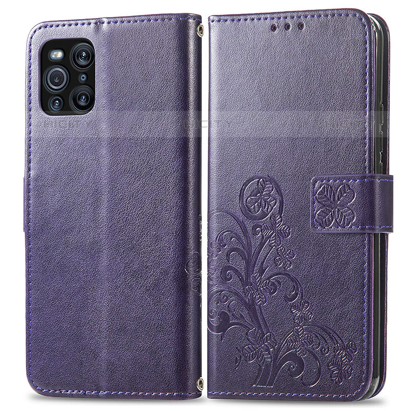 Funda de Cuero Cartera con Soporte Flores Carcasa para Oppo Find X3 Pro 5G Morado