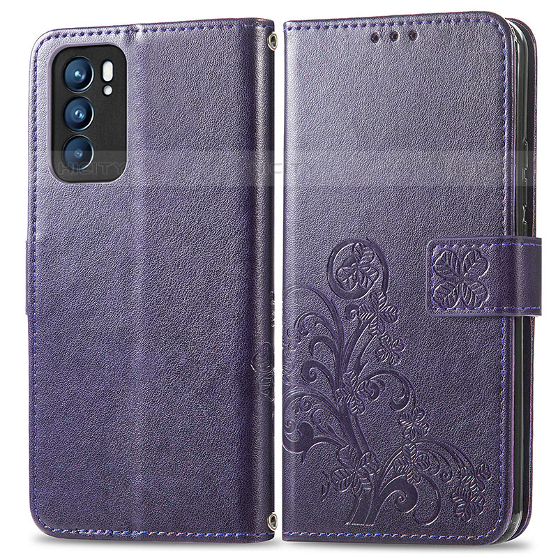 Funda de Cuero Cartera con Soporte Flores Carcasa para Oppo Reno6 5G Morado