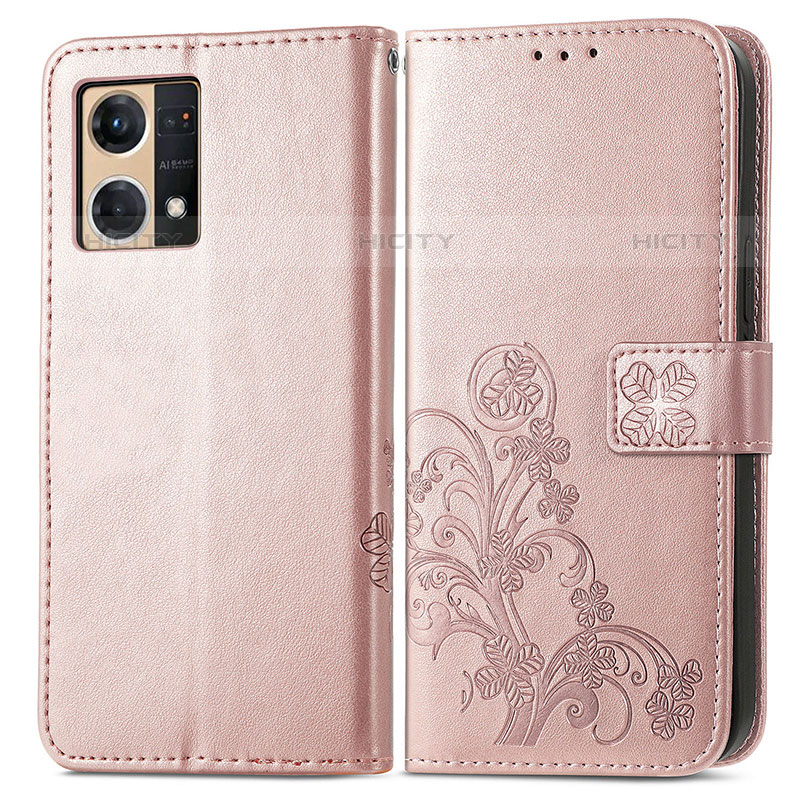 Funda de Cuero Cartera con Soporte Flores Carcasa para Oppo Reno8 4G Rosa