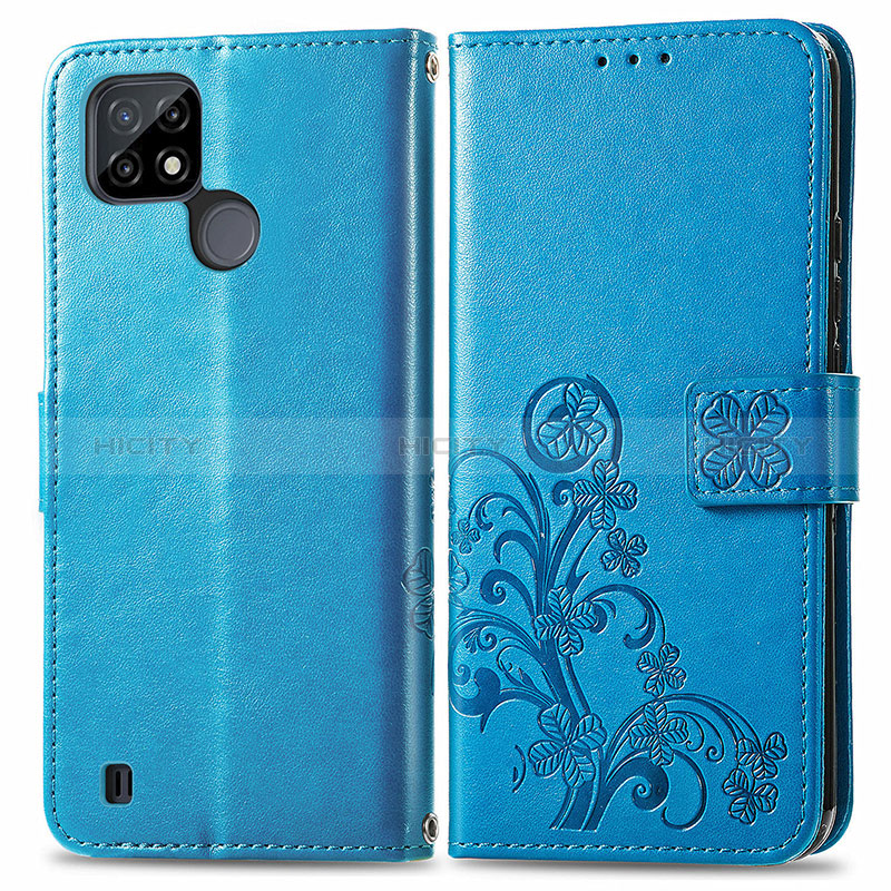 Funda de Cuero Cartera con Soporte Flores Carcasa para Realme C25Y India Azul