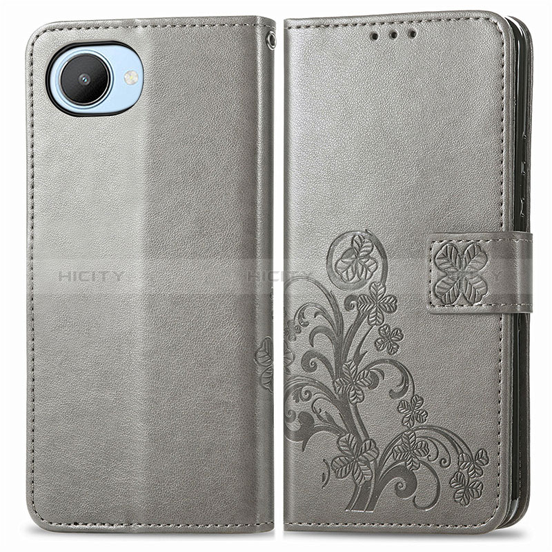 Funda de Cuero Cartera con Soporte Flores Carcasa para Realme C30s Gris