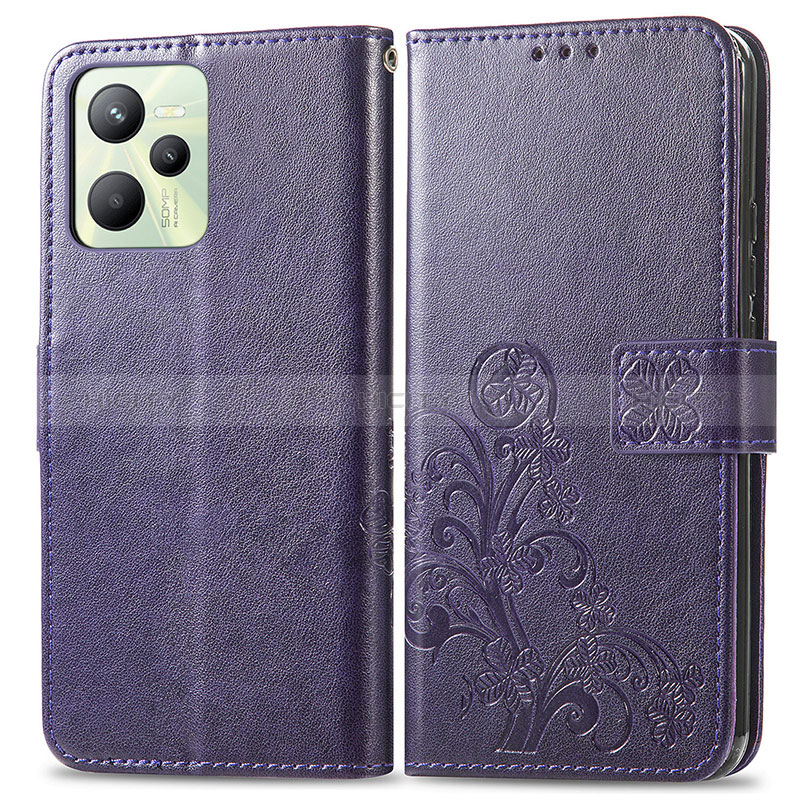 Funda de Cuero Cartera con Soporte Flores Carcasa para Realme C35 Morado