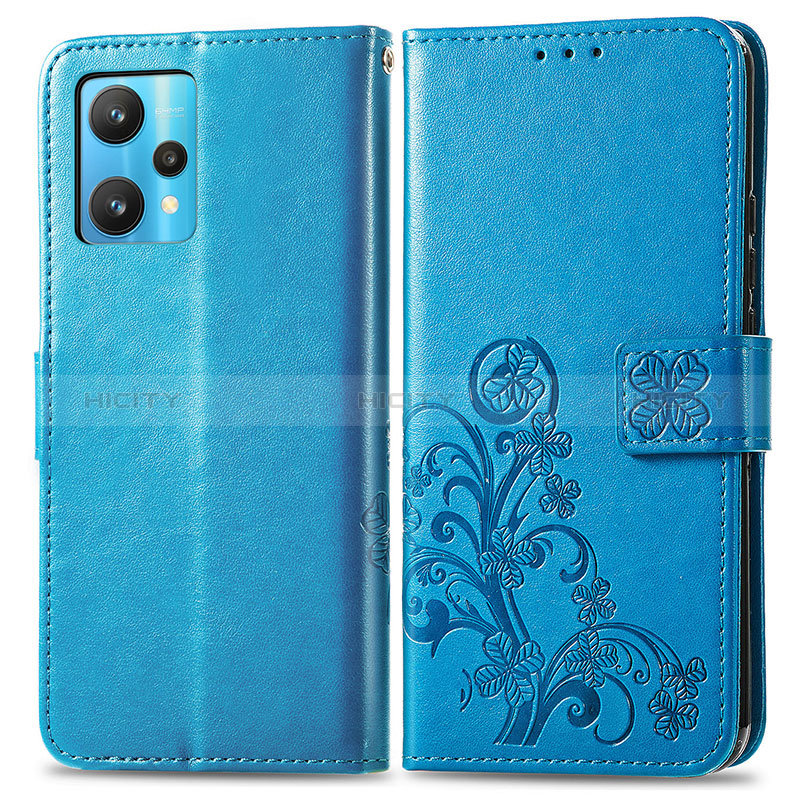 Funda de Cuero Cartera con Soporte Flores Carcasa para Realme Q5 5G Azul