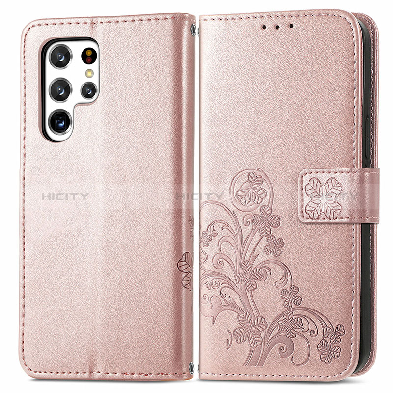 Funda de Cuero Cartera con Soporte Flores Carcasa para Samsung Galaxy S24 Ultra 5G Rosa