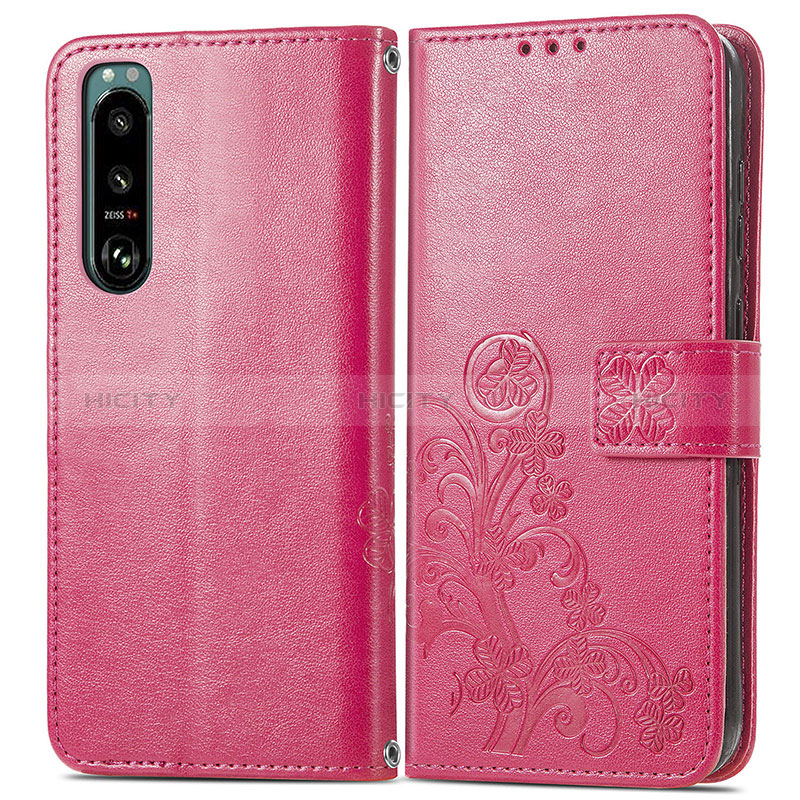 Funda de Cuero Cartera con Soporte Flores Carcasa para Sony Xperia 5 IV Rojo