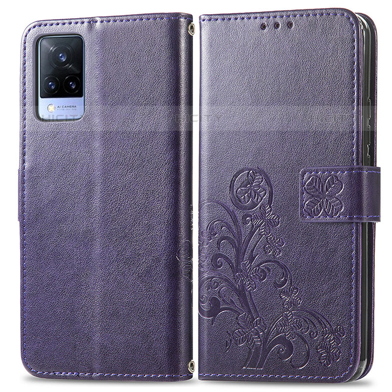 Funda de Cuero Cartera con Soporte Flores Carcasa para Vivo V21s 5G Morado