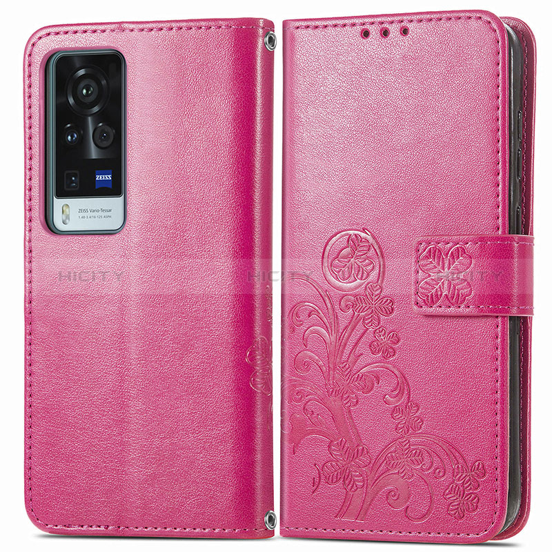 Funda de Cuero Cartera con Soporte Flores Carcasa para Vivo X60 Pro+ Plus 5G Rojo