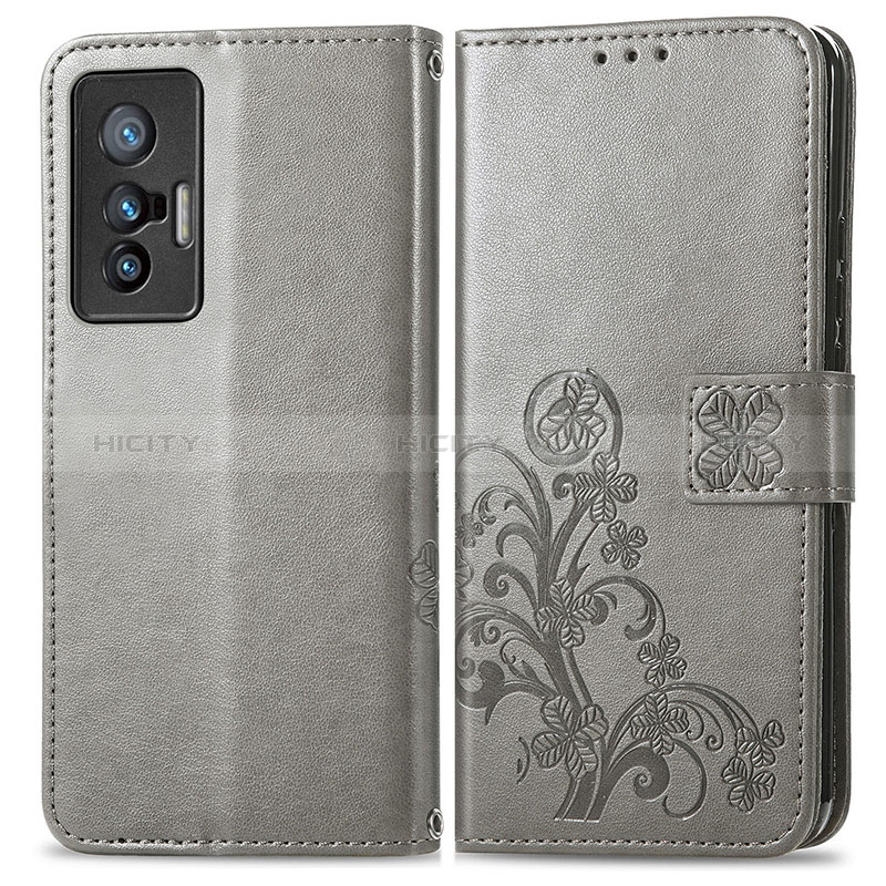 Funda de Cuero Cartera con Soporte Flores Carcasa para Vivo X70t Gris