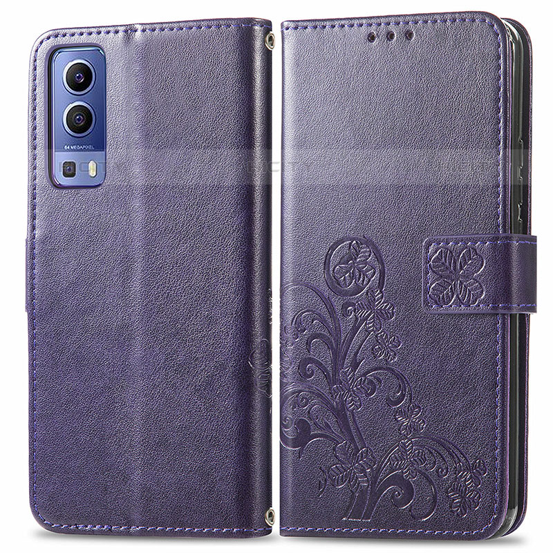 Funda de Cuero Cartera con Soporte Flores Carcasa para Vivo Y52 5G Morado