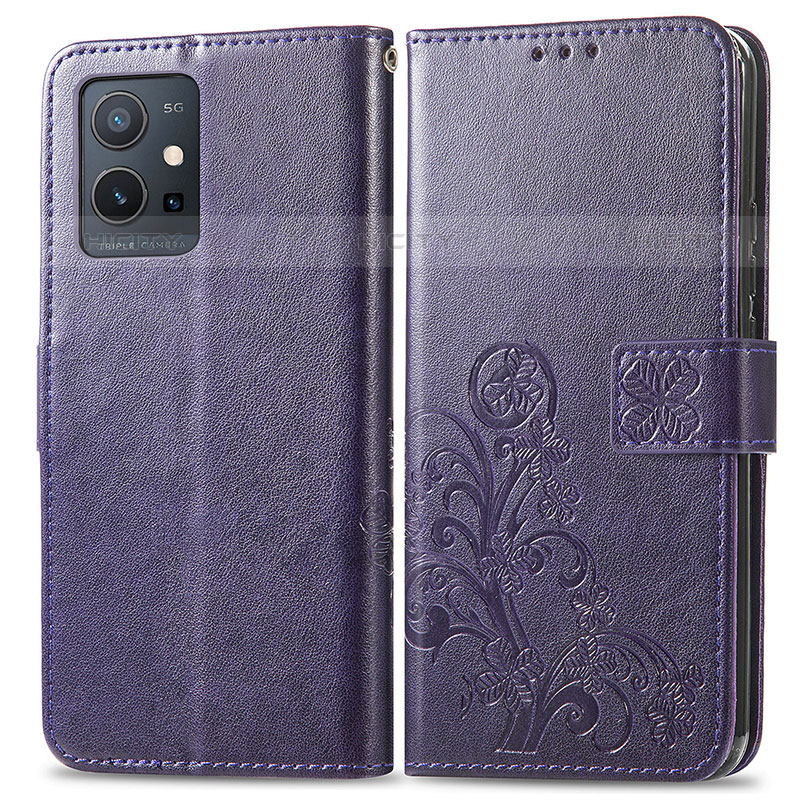 Funda de Cuero Cartera con Soporte Flores Carcasa para Vivo Y55 5G Morado