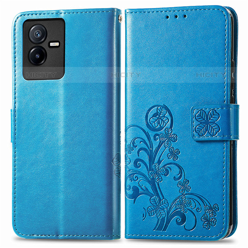 Funda de Cuero Cartera con Soporte Flores Carcasa para Vivo Y73t Azul