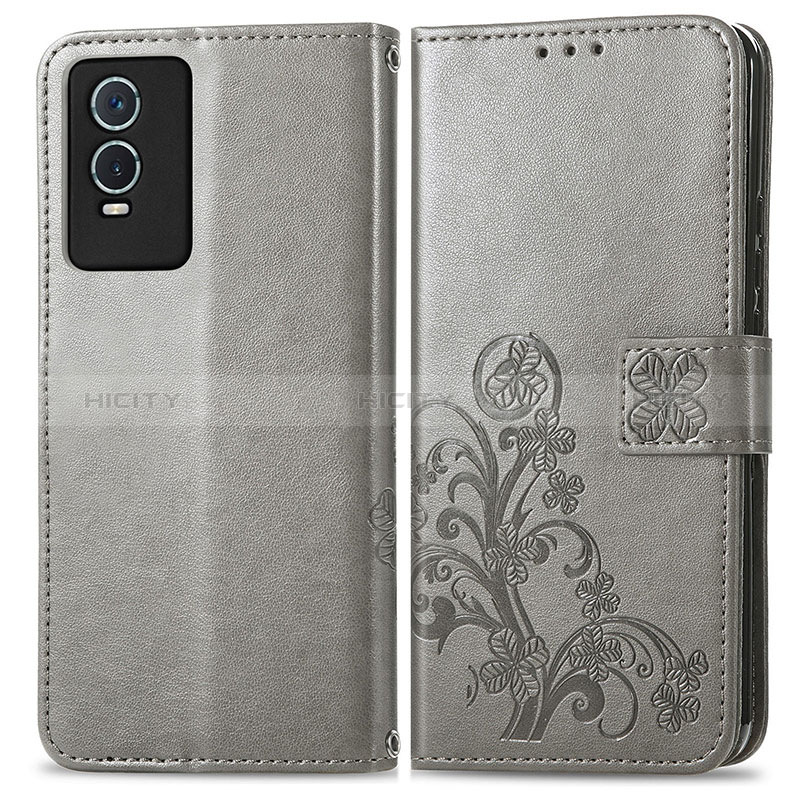 Funda de Cuero Cartera con Soporte Flores Carcasa para Vivo Y76s 5G Gris