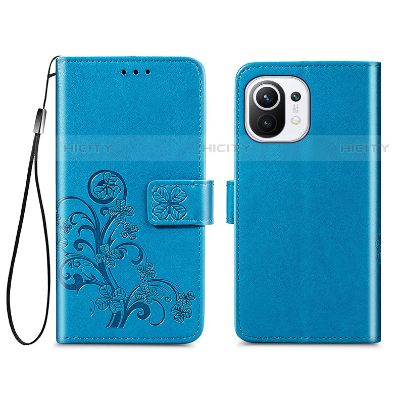 Funda de Cuero Cartera con Soporte Flores Carcasa para Xiaomi Mi 11 5G Azul