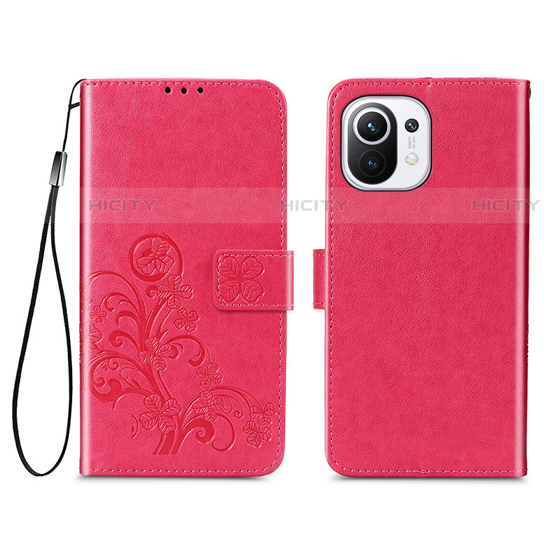 Funda de Cuero Cartera con Soporte Flores Carcasa para Xiaomi Mi 11 5G Rojo